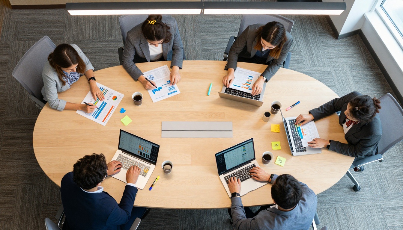 Aerial view of diverse marketing team reviewing printed analytics reports around conference table