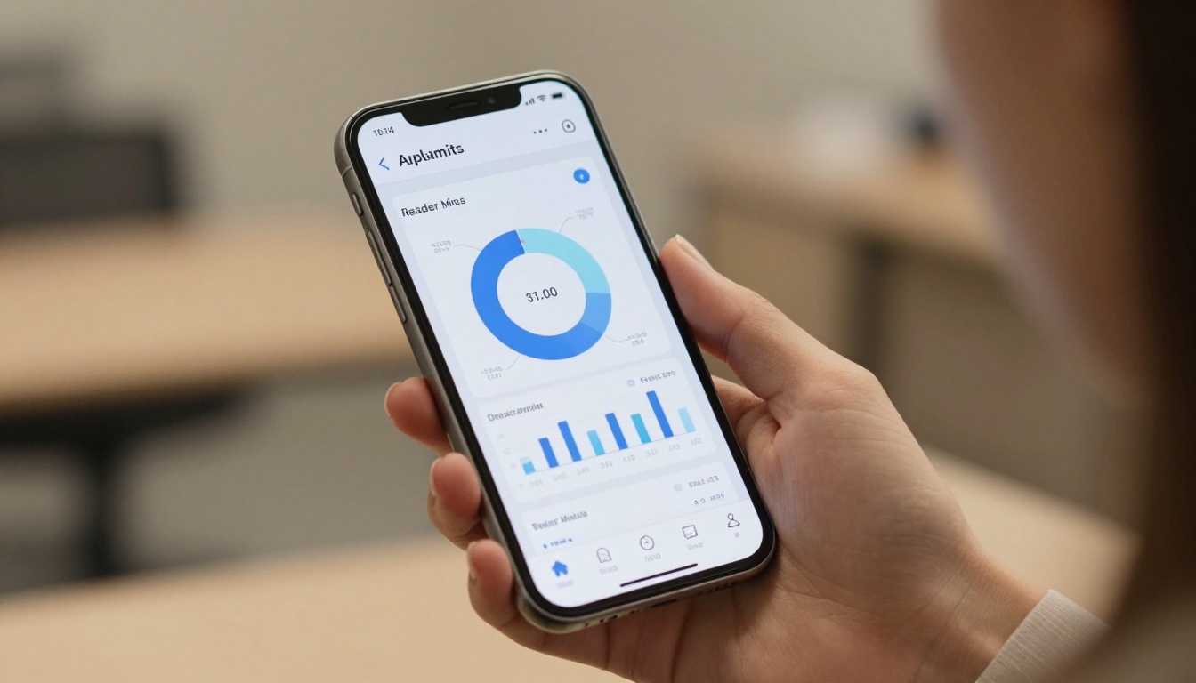 Smartphone displaying mobile analytics interface with donut charts and click-through bar graphs