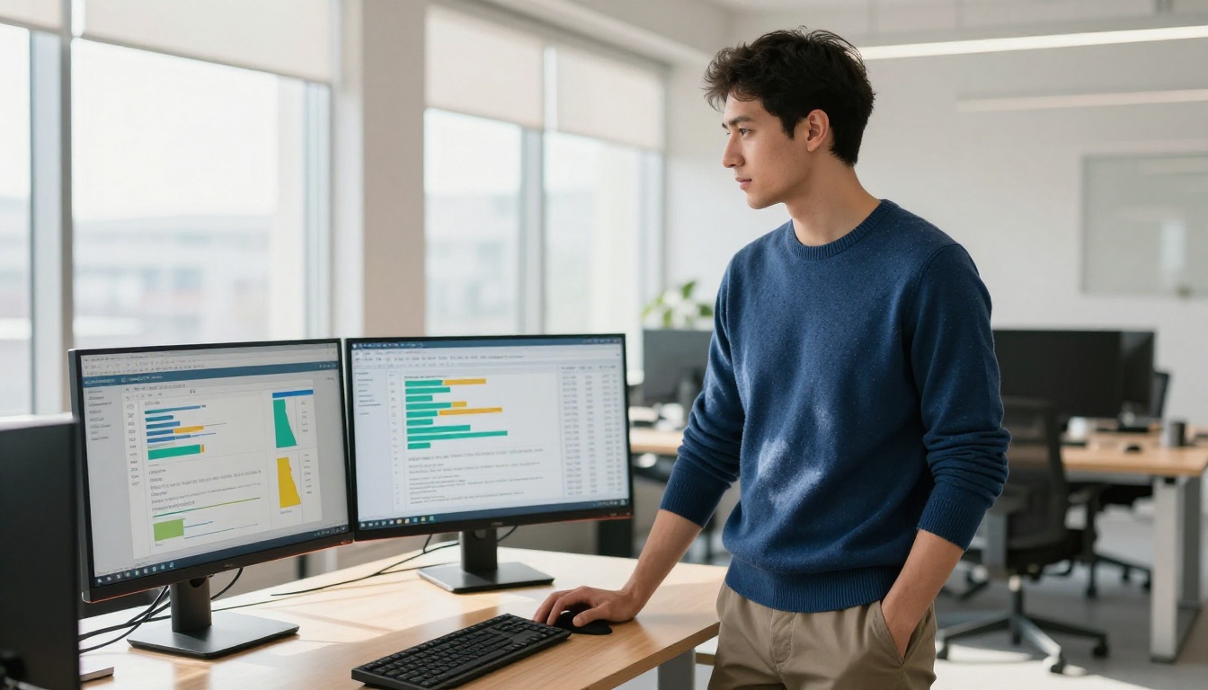 Professional man at standing desk reviewing dual monitors with analytics heatmap overlays in bright office