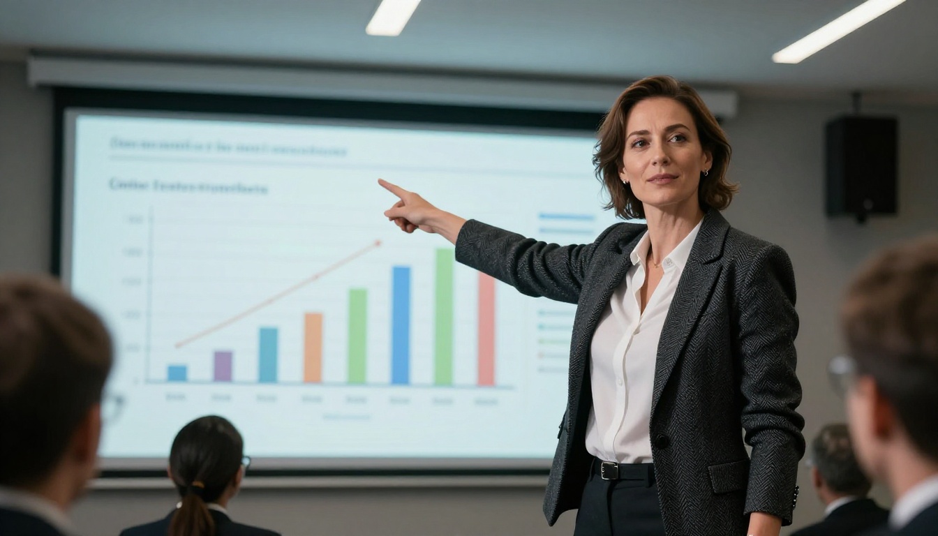 Businesswoman in charcoal blazer presenting analytics chart in conference room pointing at upward click-rate trend