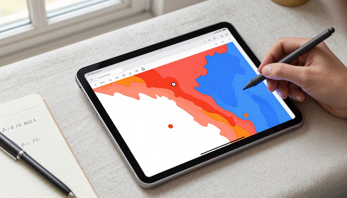 Tablet showing colorful heatmap visualization of multi-page document with stylus hovering above screen