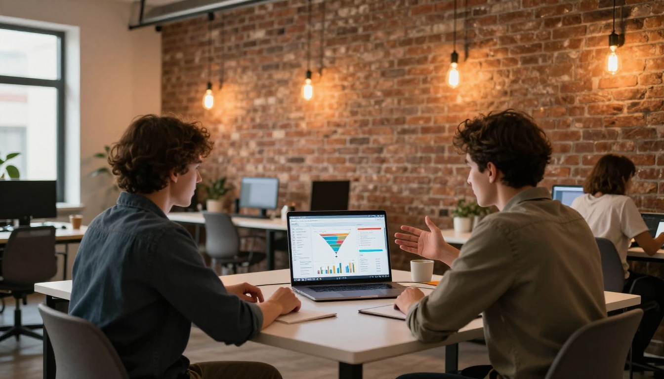 Two colleagues at co-working space with exposed brick wall reviewing funnel analytics on shared laptop