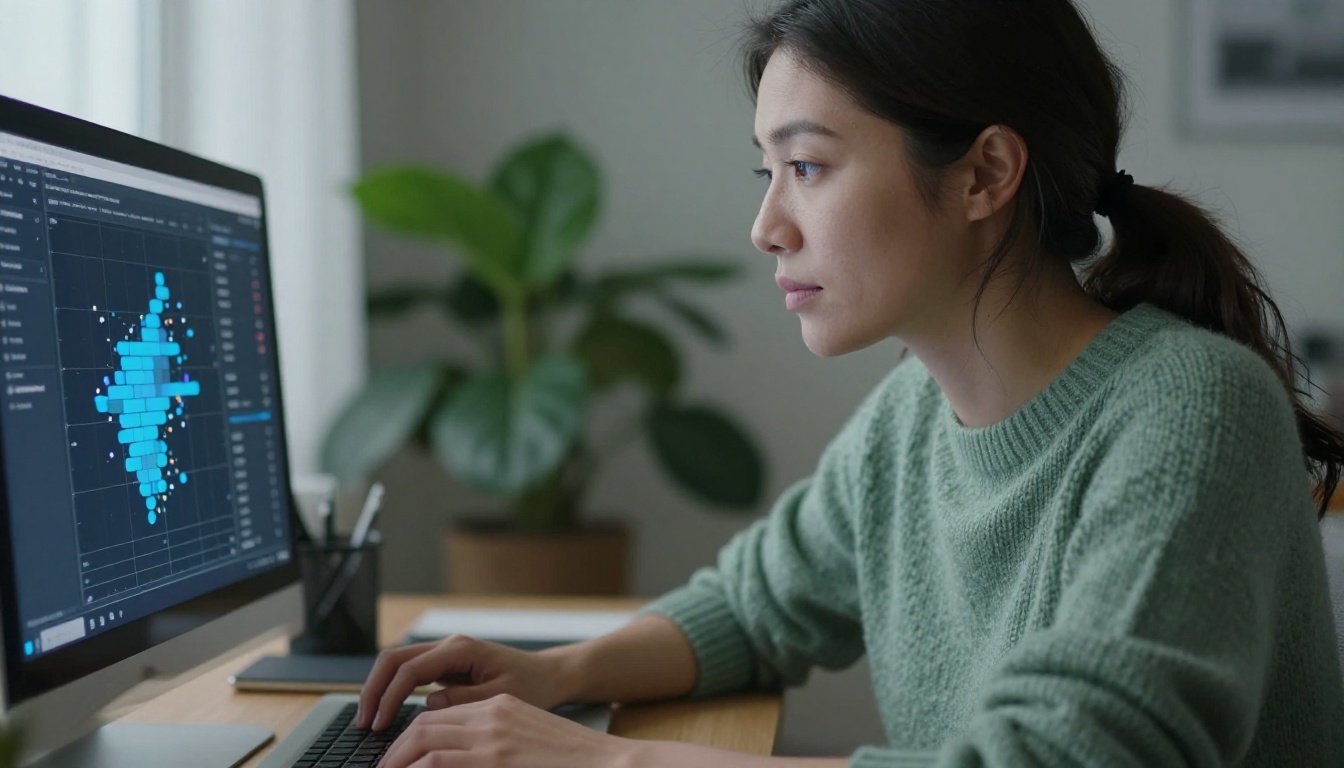 Focused woman at home office desk reviewing session-duration report and geographic reader map on laptop