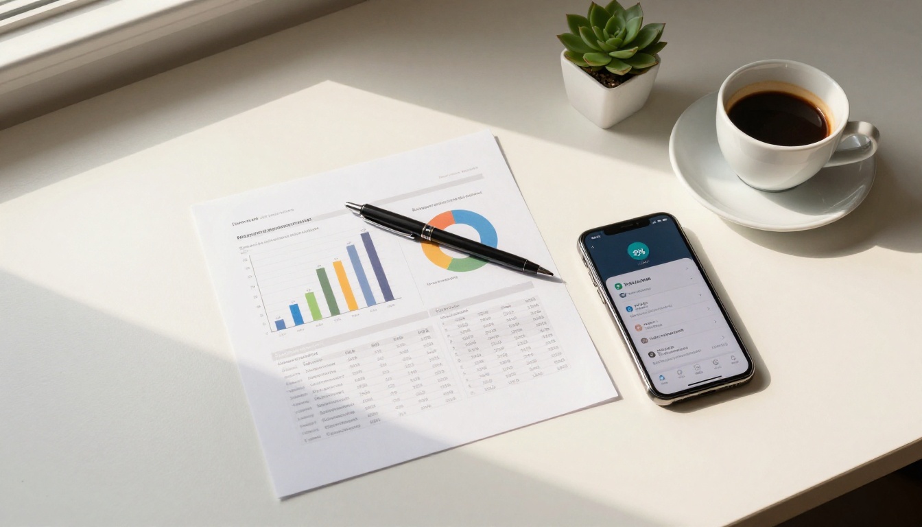 Flat lay aerial of white desk with printed analytics report, smartphone showing percentage metric, pen, and espresso cup
