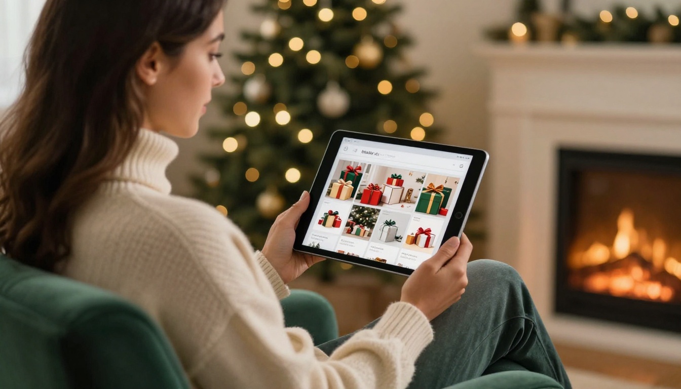 Woman browsing a digital holiday gift catalog on tablet by the fireplace Woman browsing a digital holiday gift catalog on tablet by the fireplace