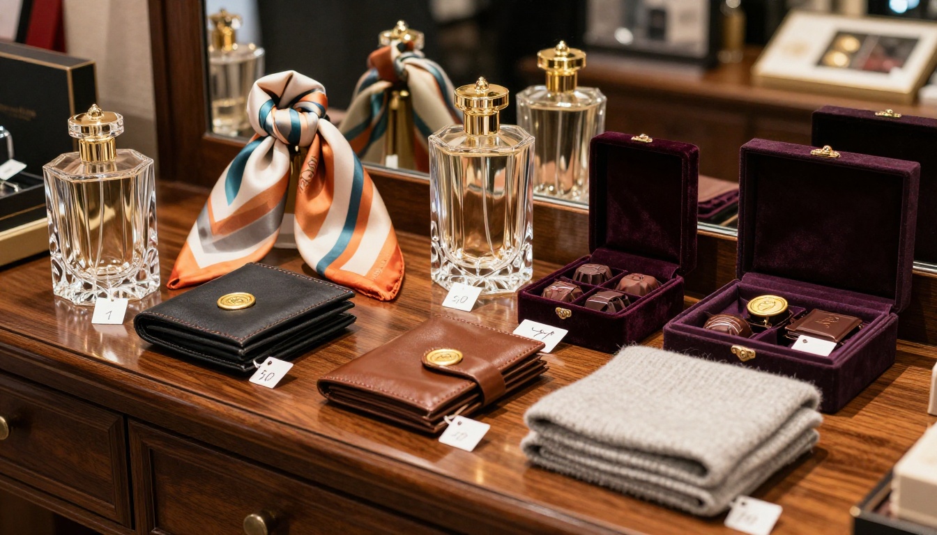 Elegantly styled holiday gift retail display with luxury products arranged on mahogany surface Elegantly styled holiday gift retail display with luxury products arranged on mahogany surface
