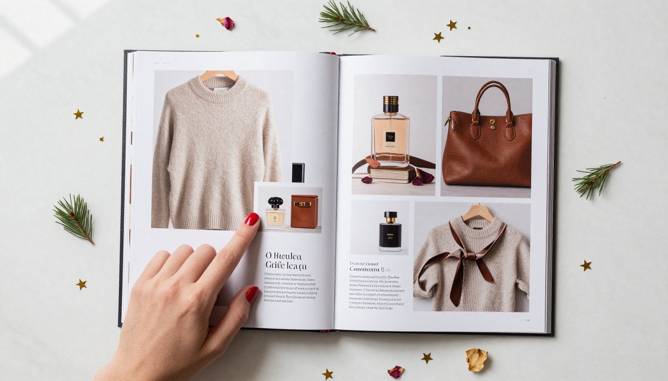 Open luxury holiday gift catalog on marble surface with hand pointing to cashmere products Open luxury holiday gift catalog on marble surface with hand pointing to cashmere products