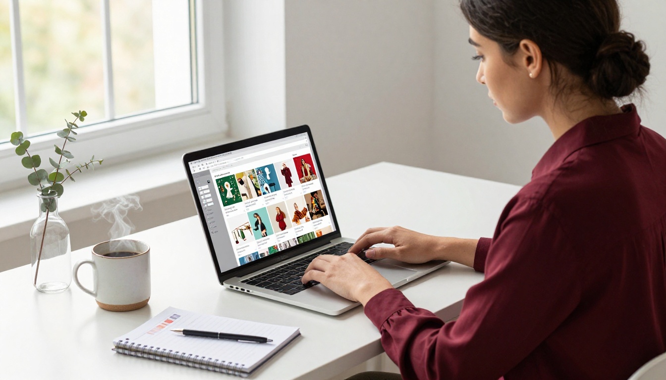 Woman designing holiday catalog layout on laptop at clean white desk Woman designing holiday catalog layout on laptop at clean white desk