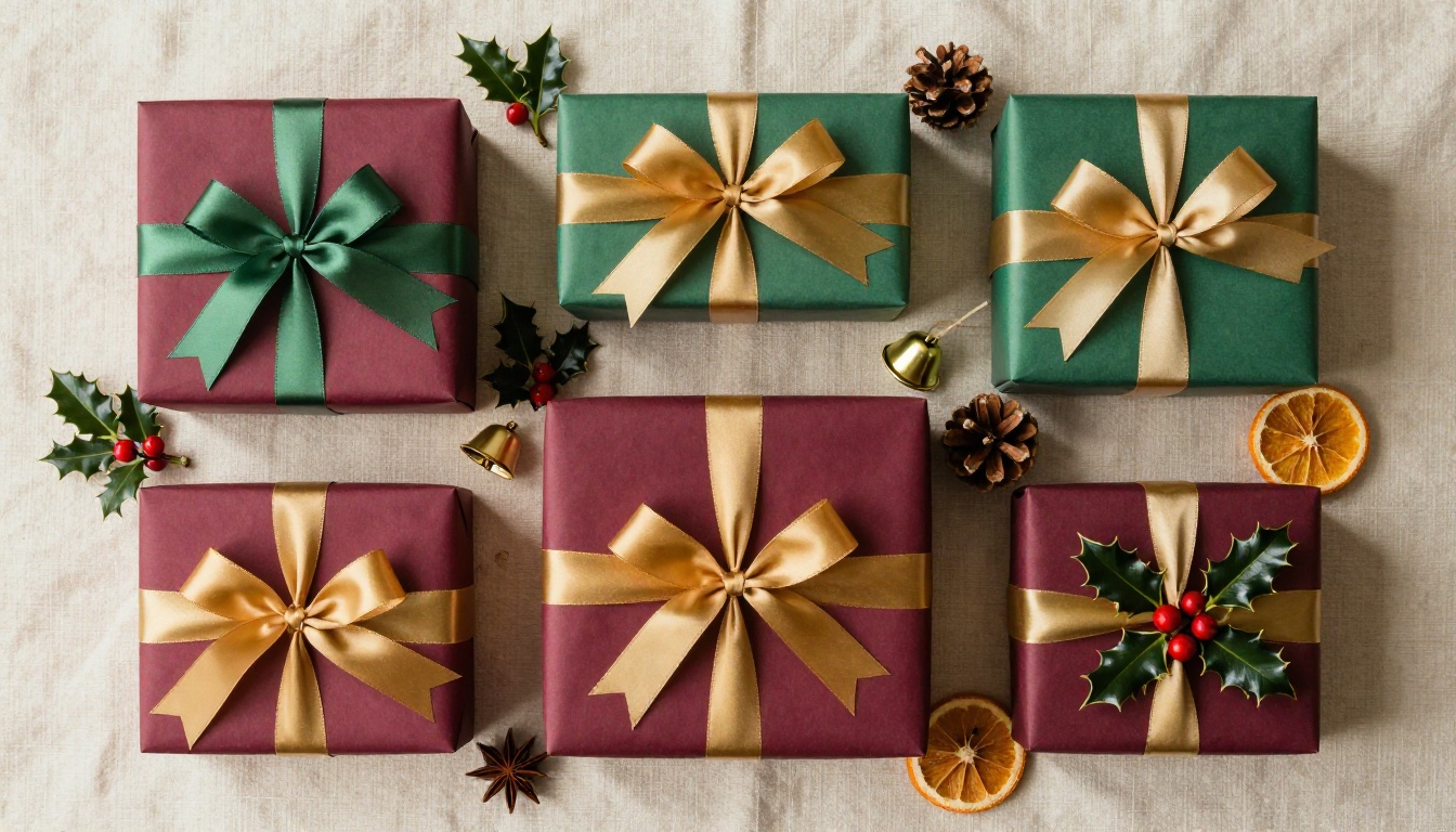 Beautifully wrapped Christmas gifts flat-lay overhead on cream linen with holly and pinecones Beautifully wrapped Christmas gifts flat-lay overhead on cream linen with holly and pinecones