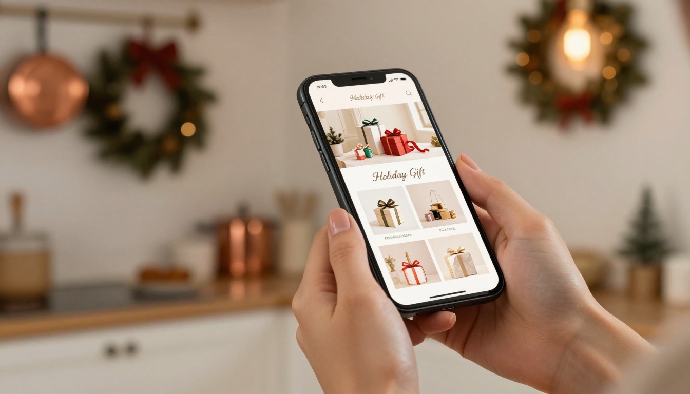 Close-up of woman holding smartphone showing digital holiday flipbook catalog with page-flip animation Close-up of woman holding smartphone showing digital holiday flipbook catalog with page-flip animation