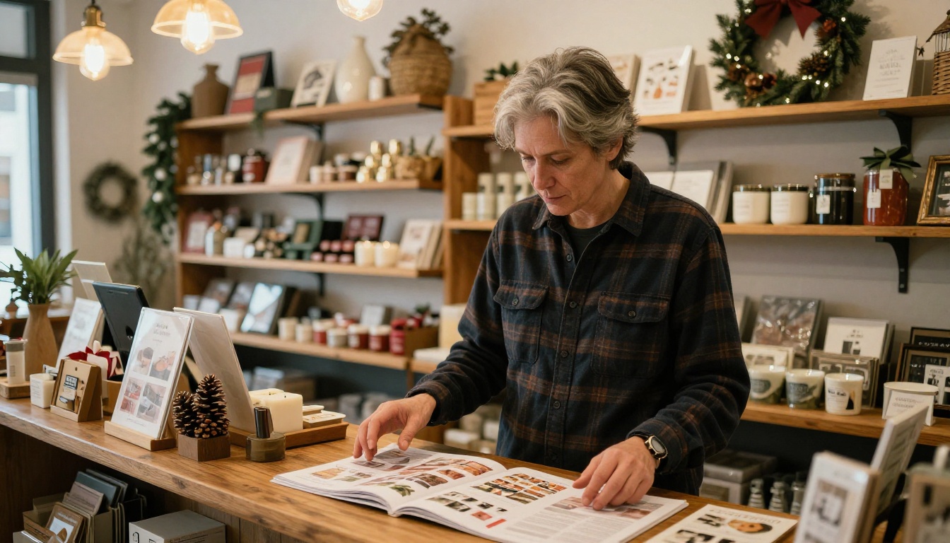 Small business owner reviewing holiday catalog in charming artisan gift shop Small business owner reviewing holiday catalog in charming artisan gift shop