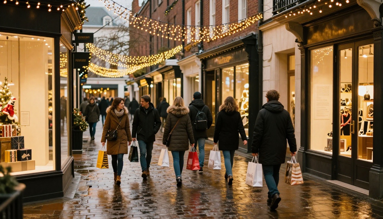 Elegant holiday shopping street with warm string lights and well-dressed shoppers Elegant holiday shopping street with warm string lights and well-dressed shoppers
