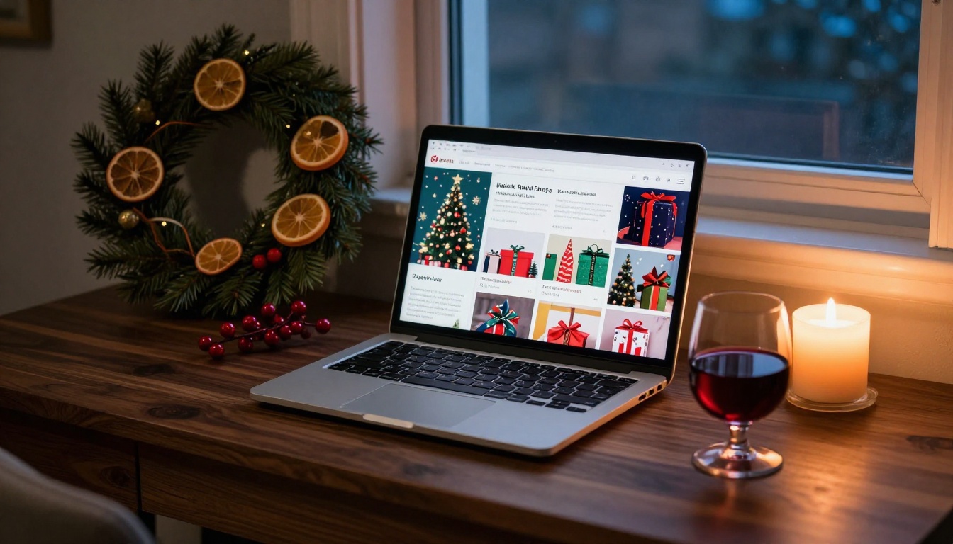 Cozy home office desk with laptop showing digital flipbook catalog and holiday candle and wine Cozy home office desk with laptop showing digital flipbook catalog and holiday candle and wine