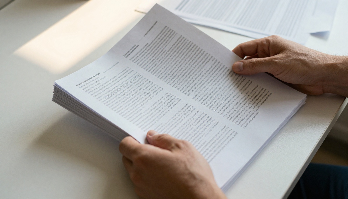 PDF portfolio frustration showing hands holding dense flat pages on a minimal white desk