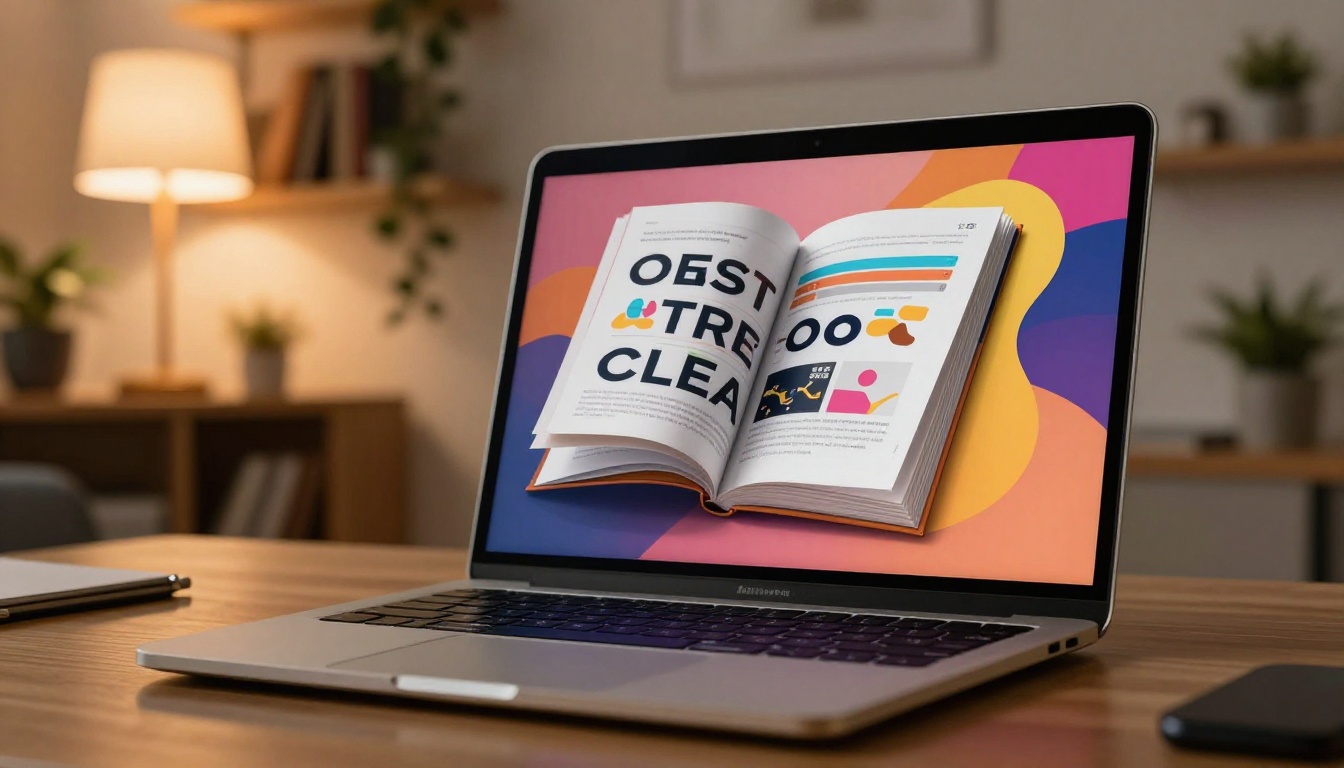 Low angle view of a digital flipbook with a page caught in dramatic mid-flip animation on a laptop screen