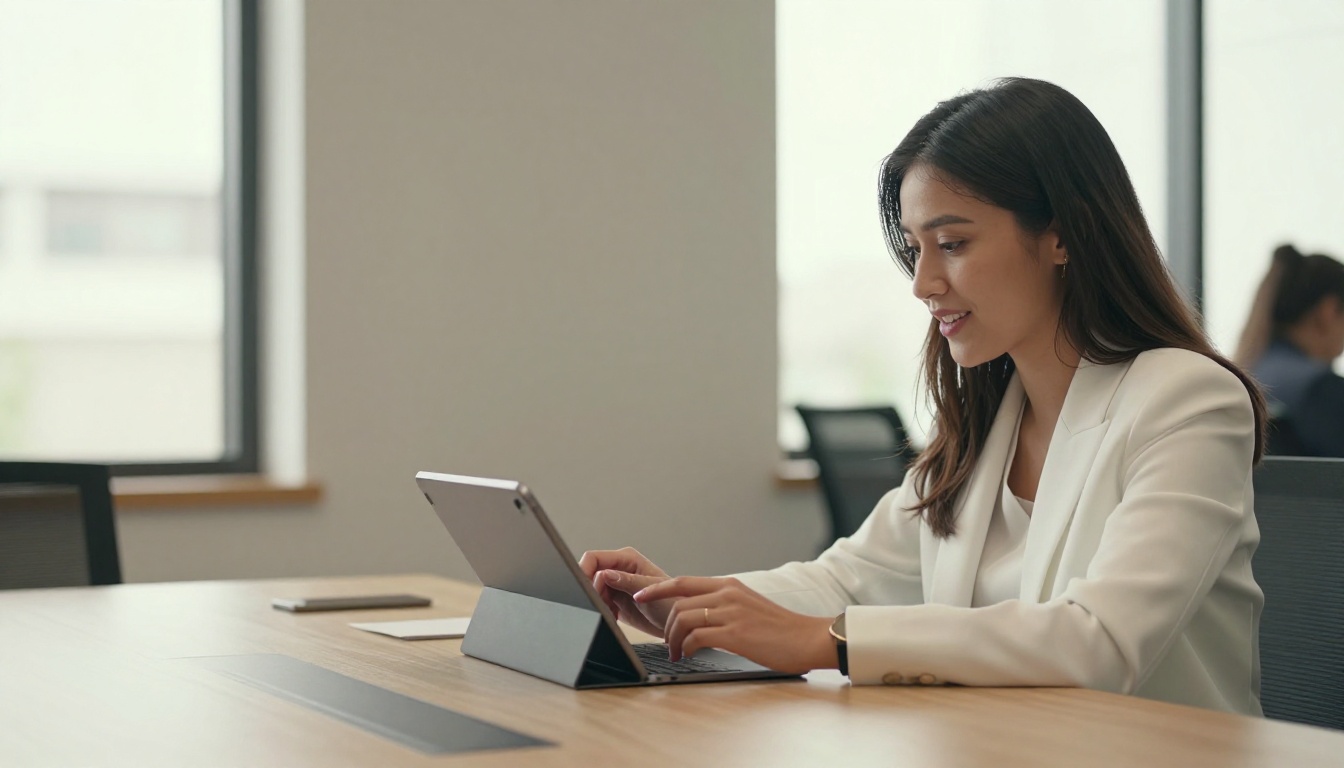 Female creative professional showing digital portfolio flipbook on tablet to potential client across a modern meeting table