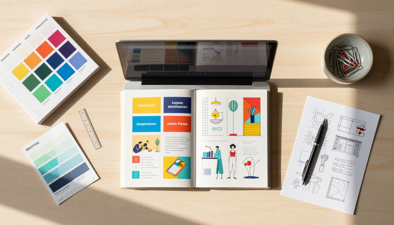 Graphic designer's flat-lay desk with laptop showing vibrant flipbook portfolio surrounded by color swatches, design sketches, and tools