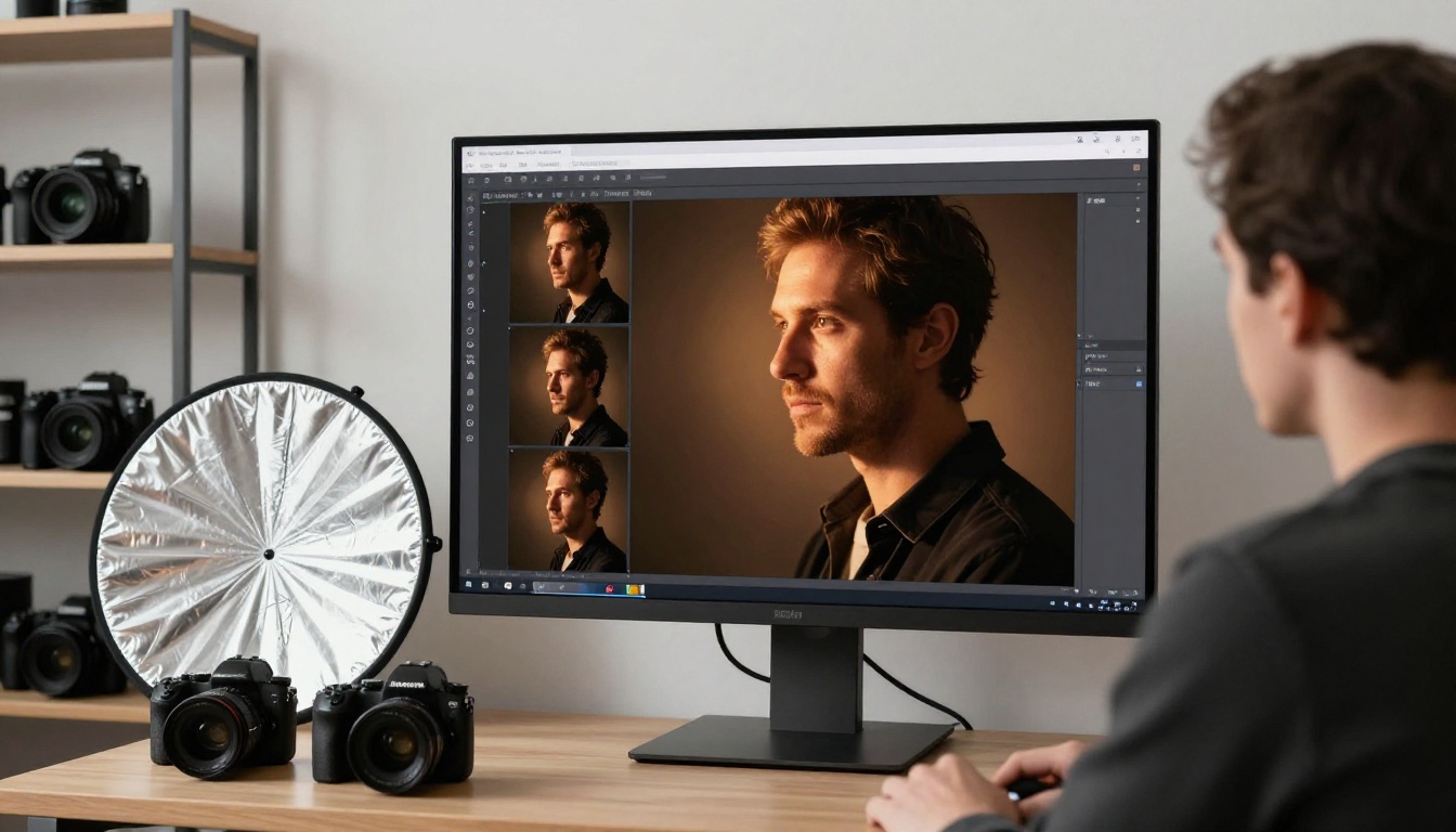 Male photographer reviewing photography portfolio as digital flipbook on large monitor in professional studio with camera gear on shelves