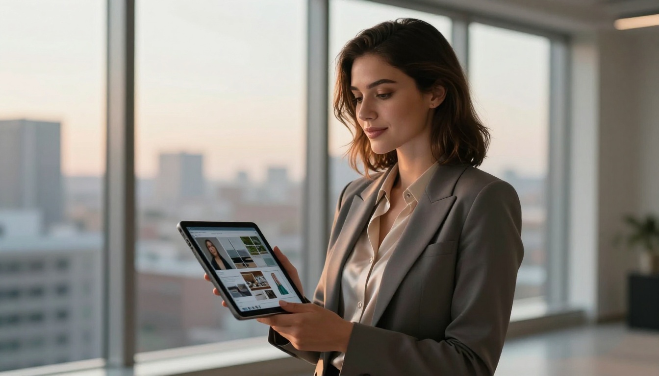 Confident woman in fitted blazer holding tablet showing interactive digital portfolio standing in front of large panoramic studio window