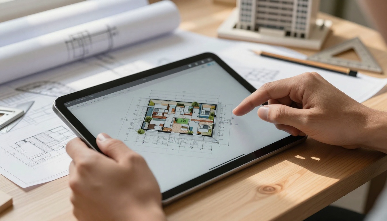 Architect's hands navigating a digital portfolio flipbook on a tablet with blueprints and architectural scale model in background