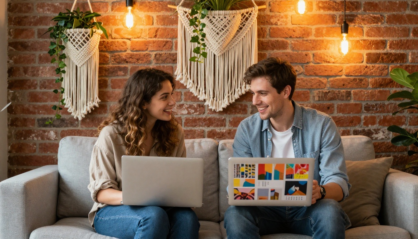 Two young creative professionals reviewing a digital flipbook portfolio together on a laptop in a bright co-working space with exposed brick walls
