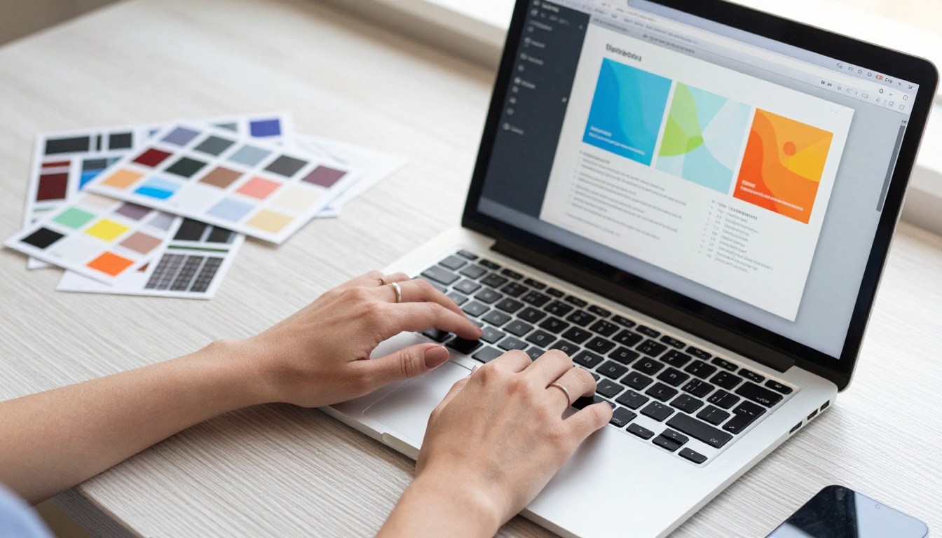 Hands selecting brochure templates on a laptop