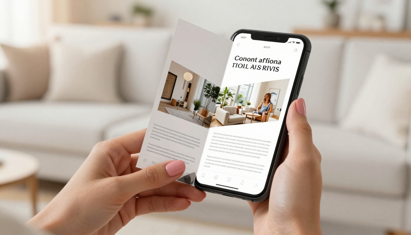 Woman scrolling through digital brochure on smartphone