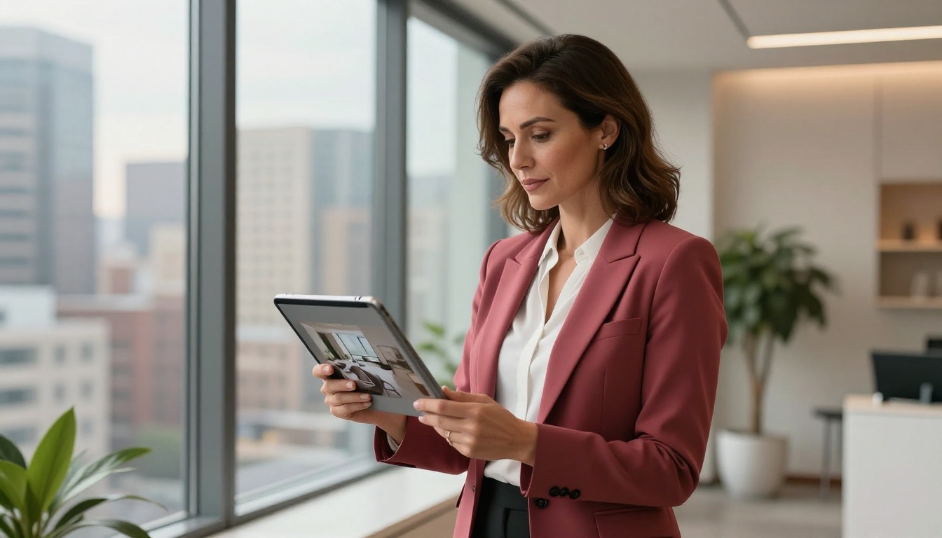 Real estate agent reviewing digital property brochure on tablet