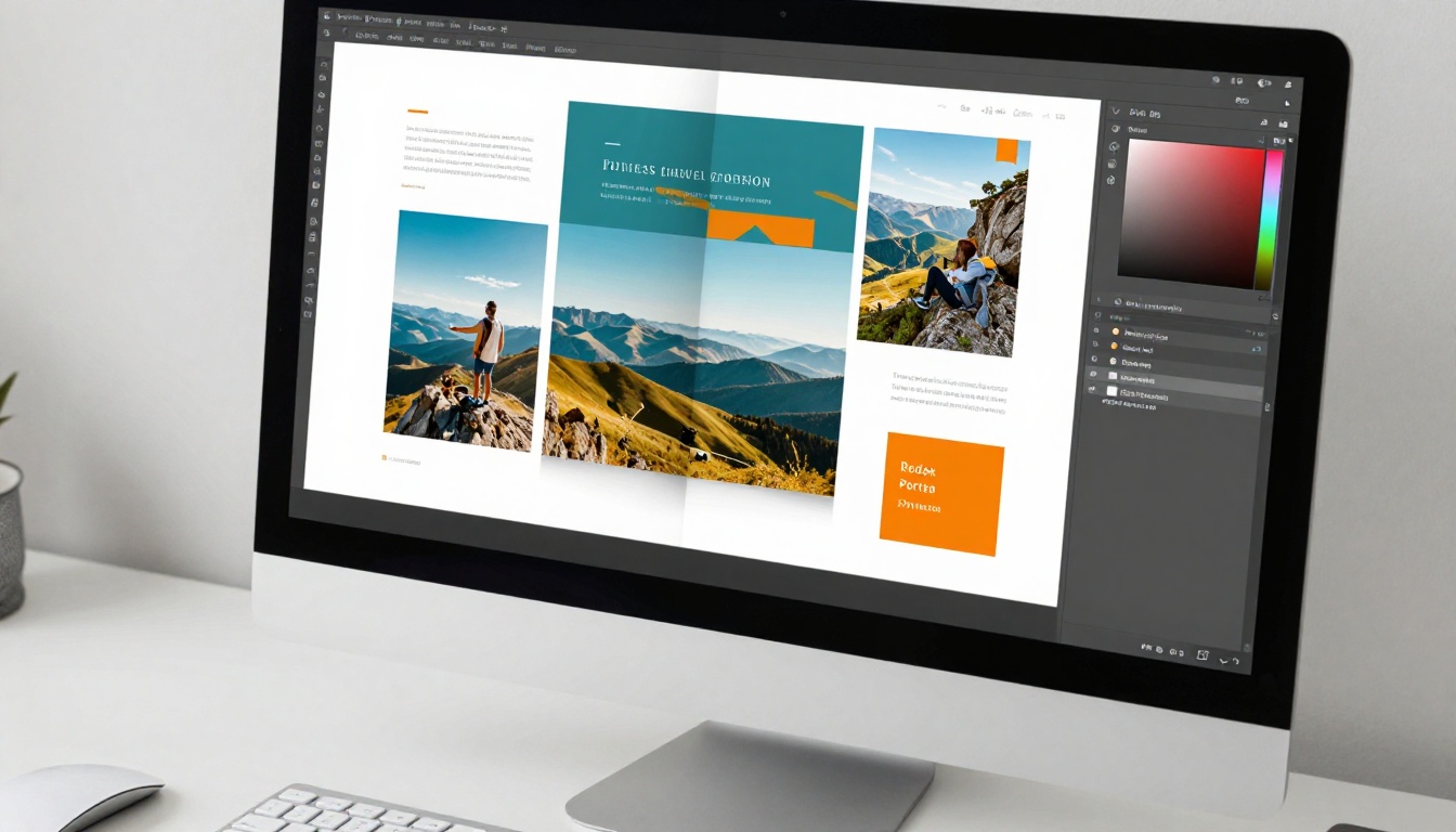 iMac monitor showing trifold brochure design in progress