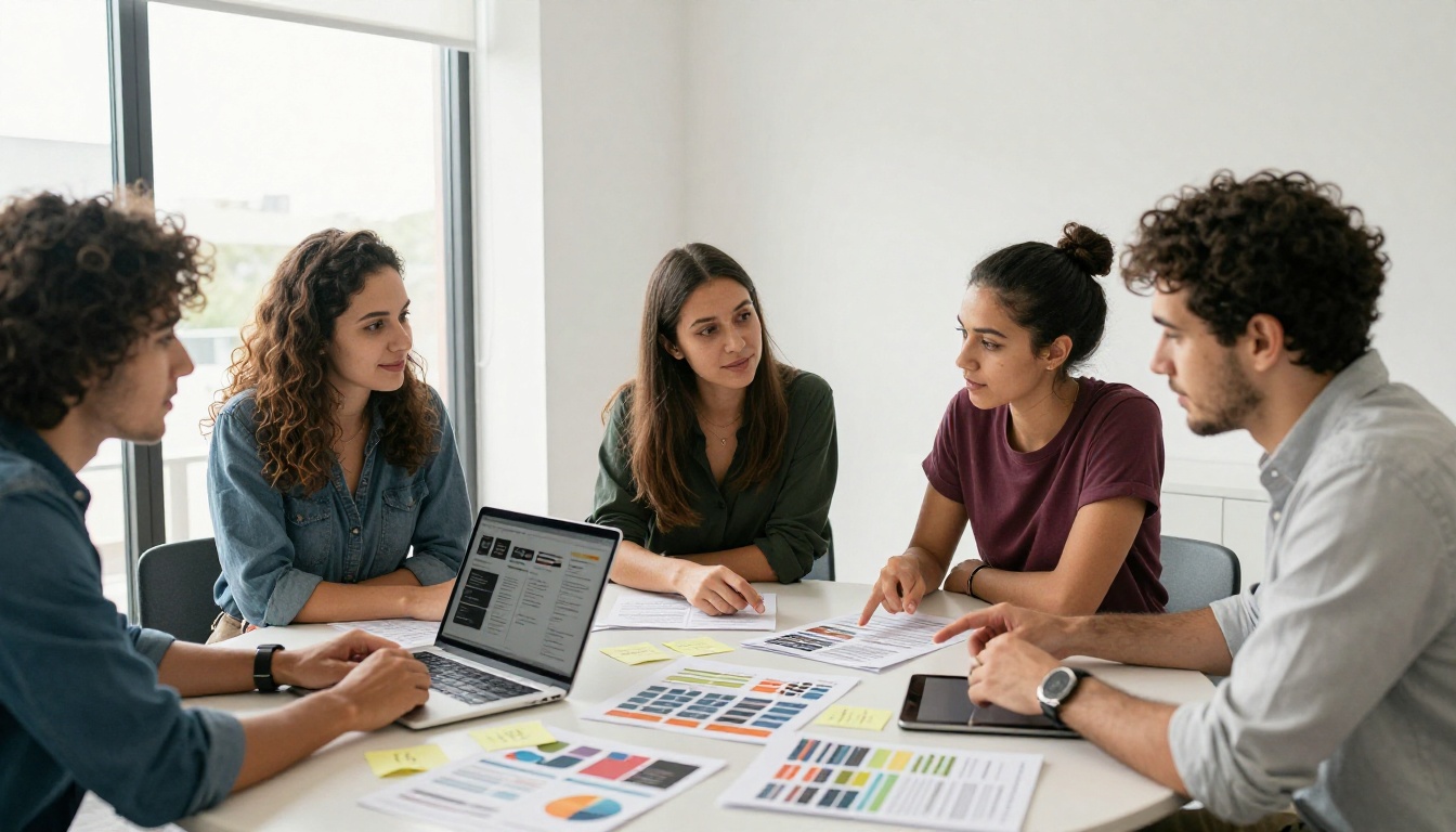 Marketing team reviewing digital and printed brochures together
