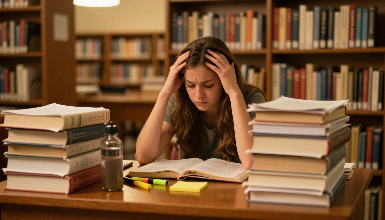 A frustrated college student surrounded by stacked printed textbooks and PDFs rubbing her temples in exhaustion at a warm library study desk
