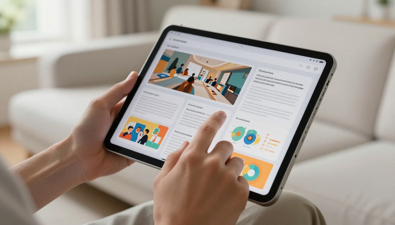 Close-up of hands holding an iPad mid-swipe on a digital course flipbook with visible page-turn animation and colorful educational content