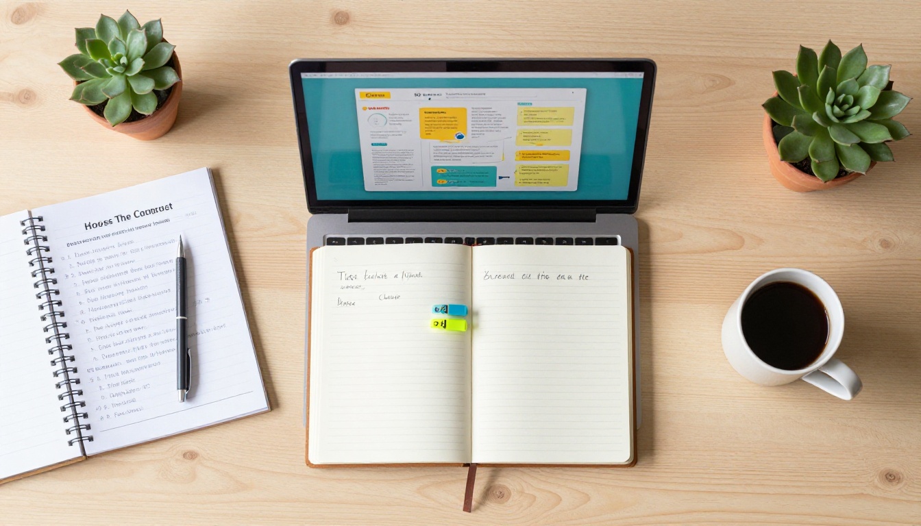 Aerial flat-lay of a MacBook showing a digital flipbook beside a spiral notebook, highlighters, coffee, and course materials on a light oak desk