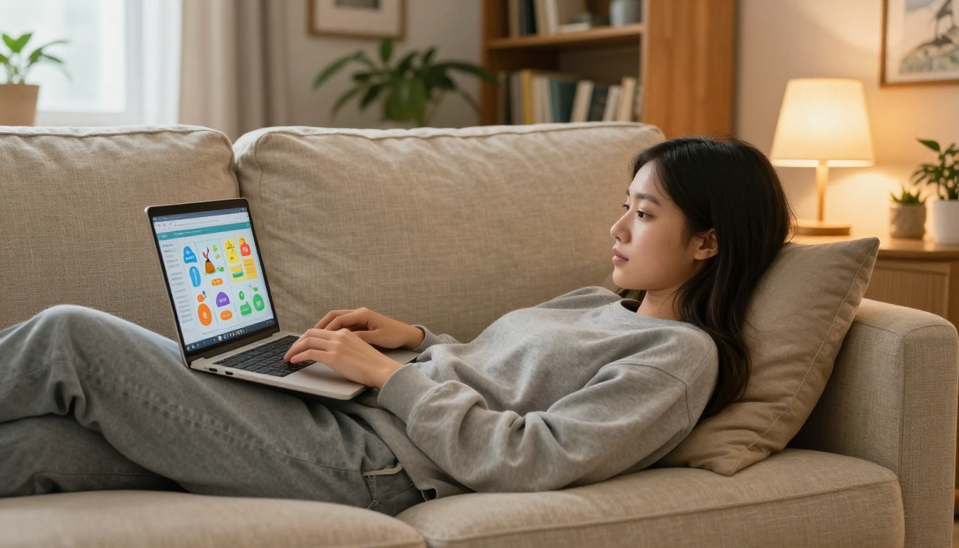 A young woman lying on a beige linen couch in a cozy home study room focused on a laptop showing a vibrant interactive course flipbook