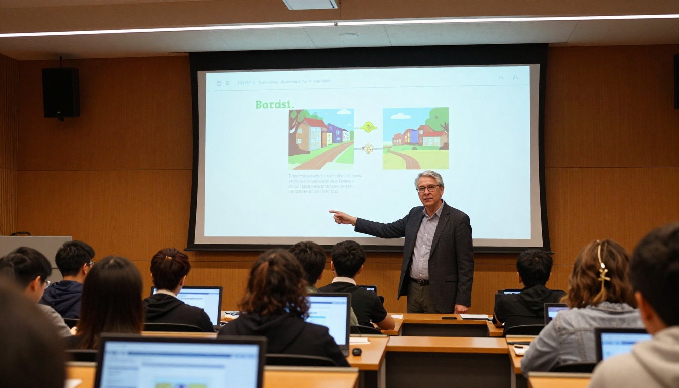 A male professor with silver-streaked hair pointing to a large screen showing an interactive course flipbook in a modern university lecture hall with students in the foreground
