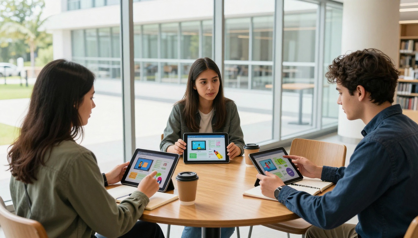 Three university students around a café table in a modern campus library each with a tablet showing the same interactive course flipbook discussing the content together
