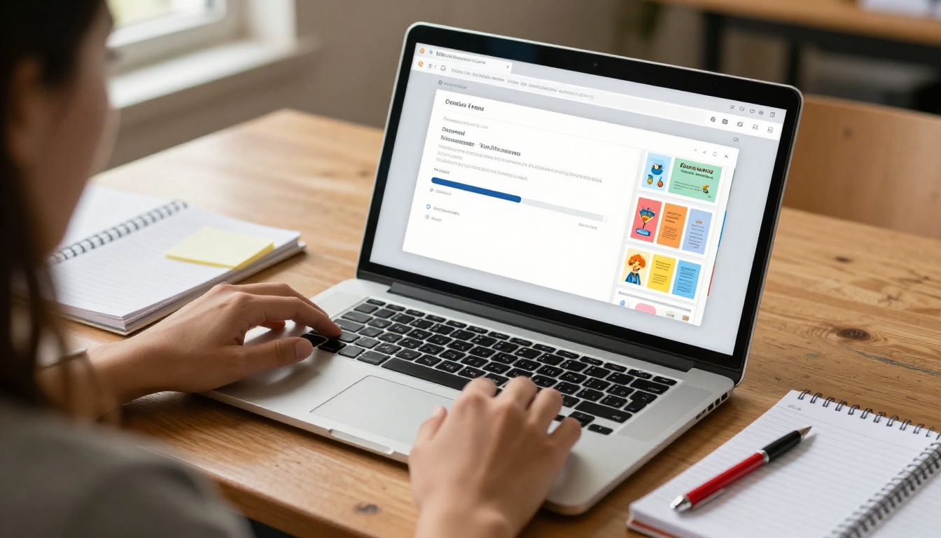 Teacher uploading a PDF to a flipbook conversion platform on a laptop Teacher uploading a PDF to a flipbook conversion platform on a laptop