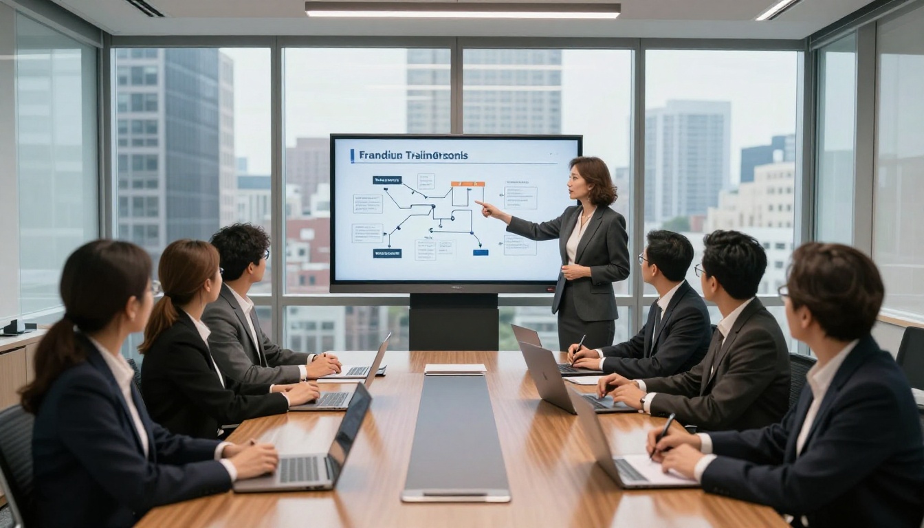 A professional female trainer in a charcoal blazer presenting a corporate training flipbook on a wall-mounted display to eight business professionals in a sleek modern conference room