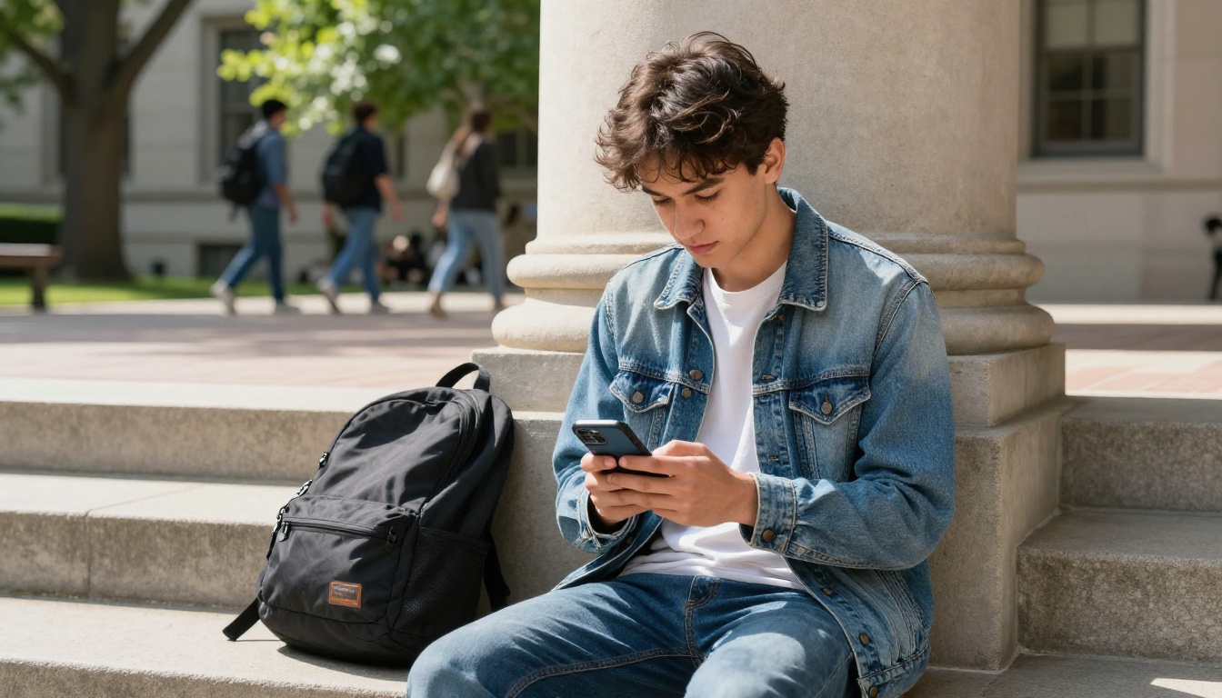 A young male college student in a denim jacket sitting on campus steps reading course content on his smartphone in bright outdoor midday sunlight