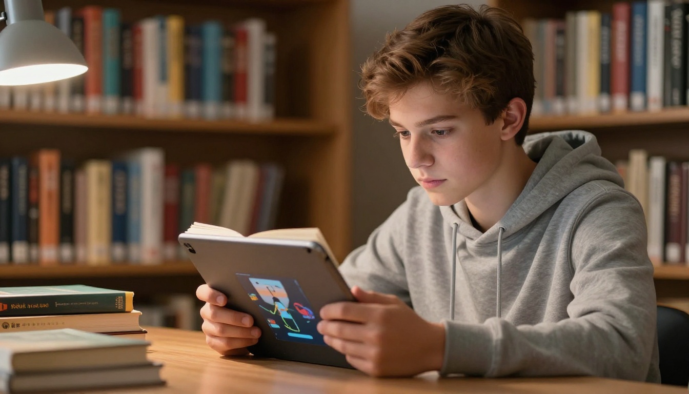 Student reading a digital flipbook on a tablet in a library setting Student reading a digital flipbook on a tablet in a library setting