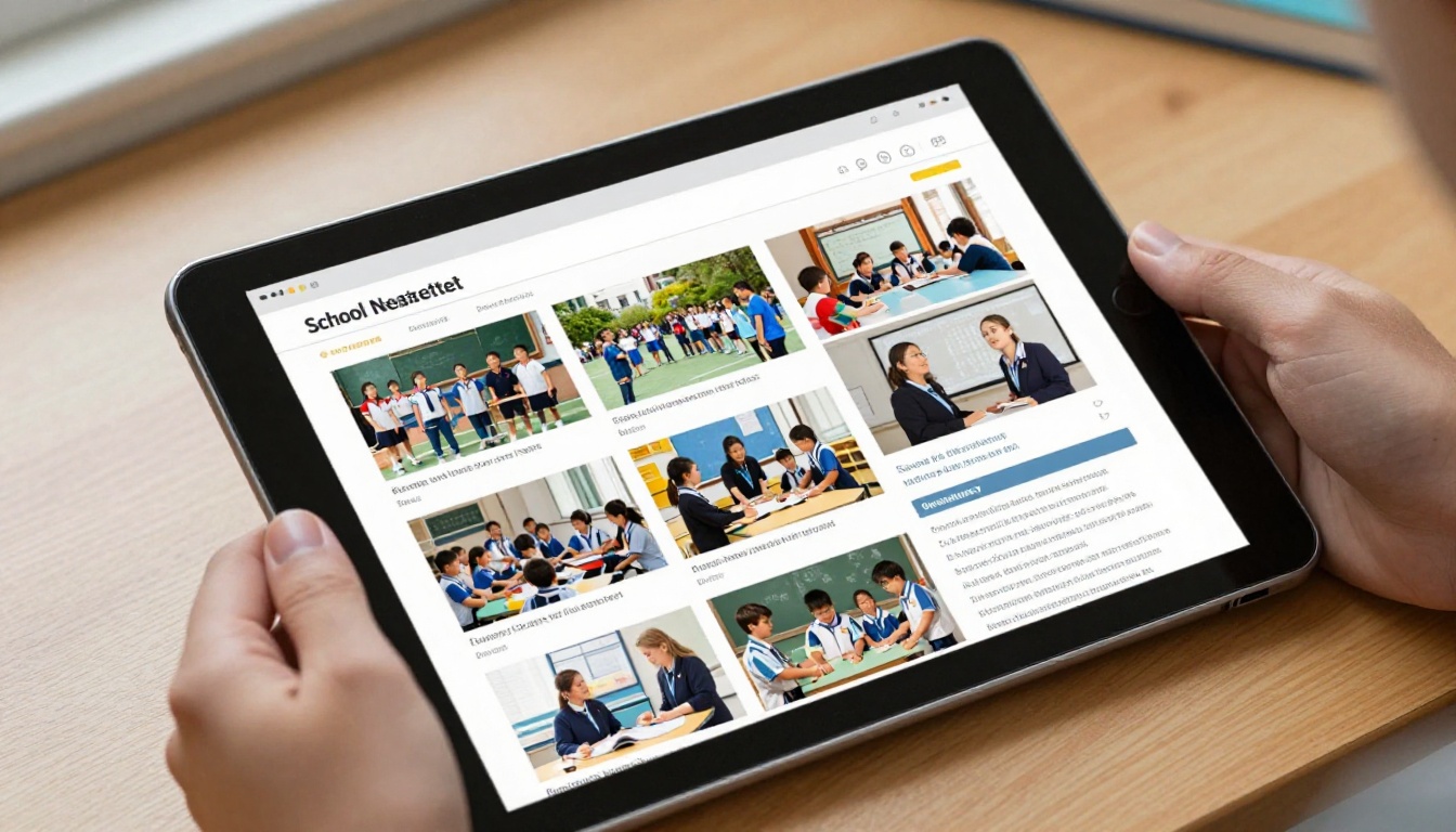 School newsletter displayed as an interactive digital flipbook on a tablet School newsletter displayed as an interactive digital flipbook on a tablet