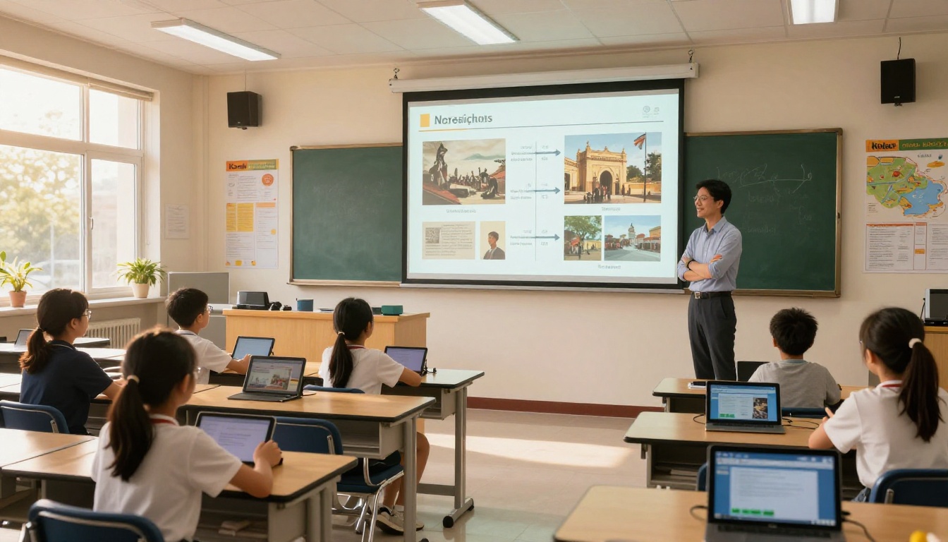 Wide shot of an interactive smart classroom projecting a history flipbook Wide shot of an interactive smart classroom projecting a history flipbook