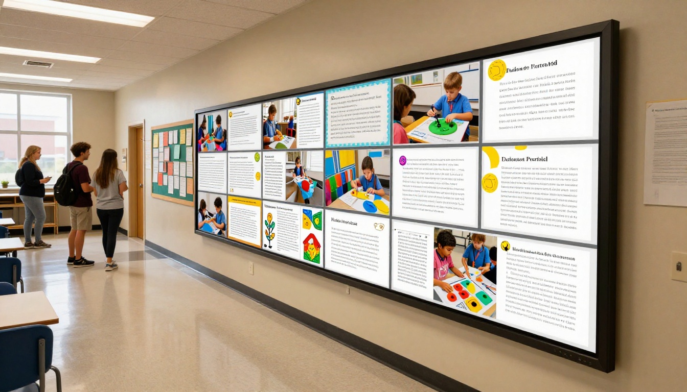Student portfolio displayed on a monitor in a school hallway showcase Student portfolio displayed on a monitor in a school hallway showcase