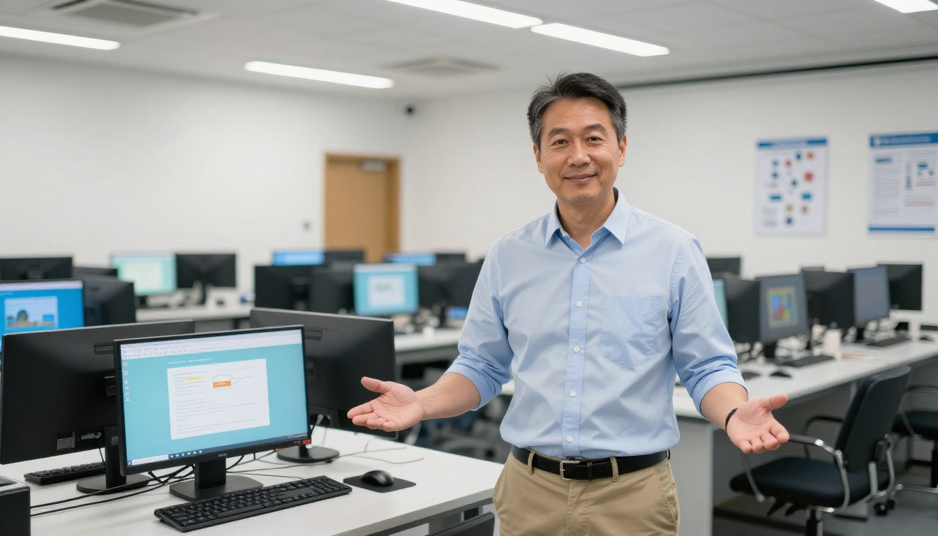 Male teacher standing confidently in front of a computer lab with educational flipbook content Male teacher standing confidently in front of a computer lab with educational flipbook content
