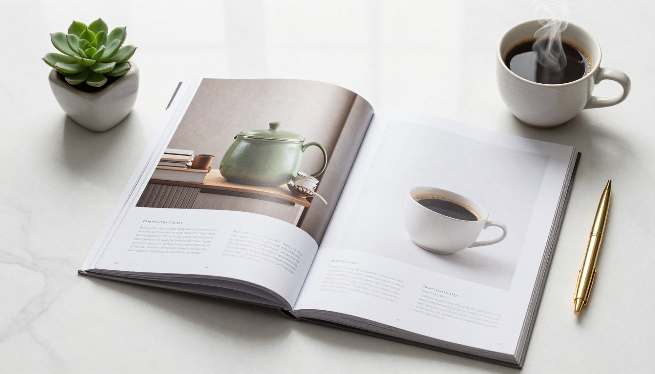 Flat lay of a luxury product catalog open on a white marble surface with a steaming coffee mug and gold pen