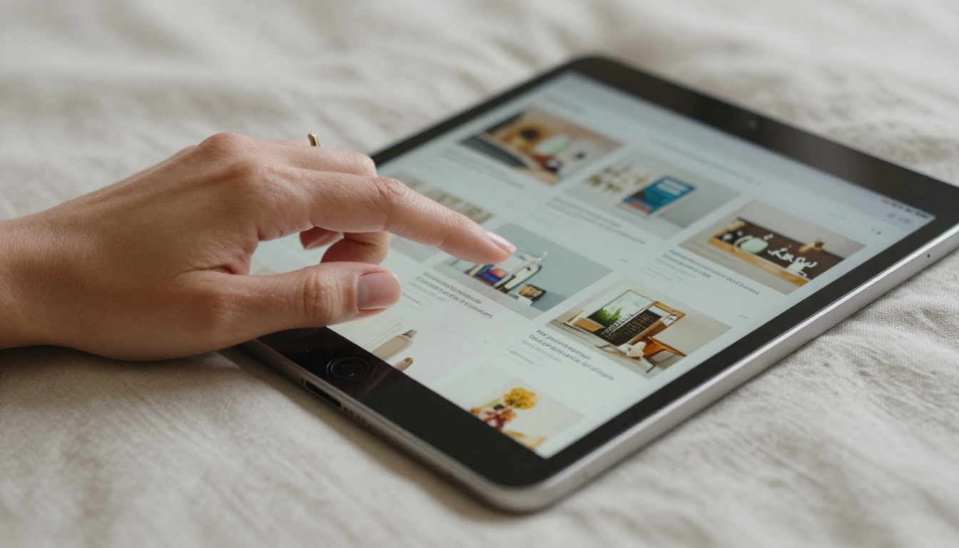 Close-up of elegant hands with a natural manicure swiping through a digital product catalog on an iPad Pro resting on linen fabric