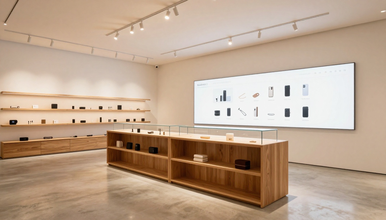 Wide-angle interior of a modern minimalist retail boutique with a digital catalog display screen on the wall and wooden product shelves in the foreground
