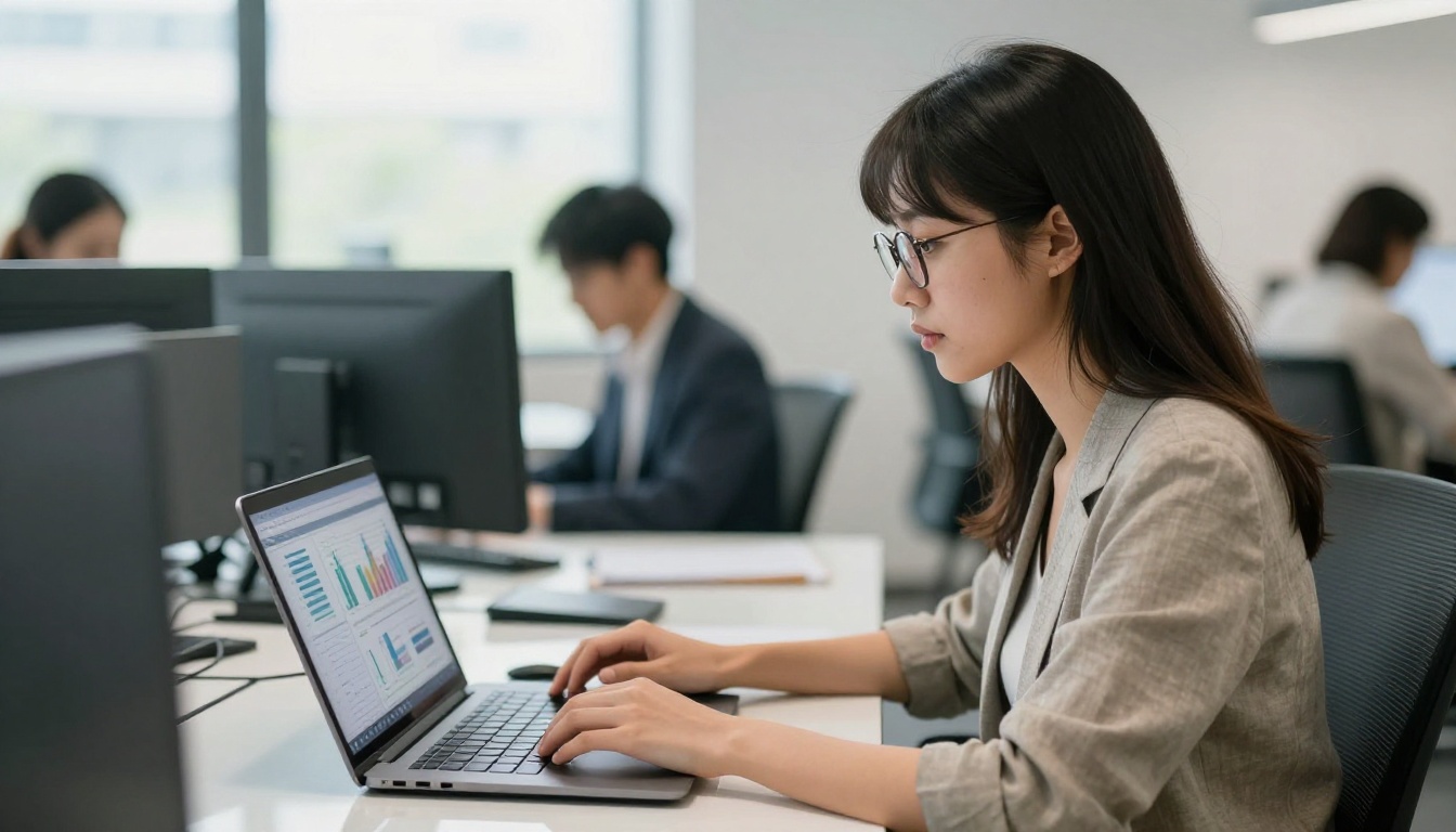 Young professional woman with dark hair pulled back, studying sales analytics on a bright laptop screen in a light-filled co-working space