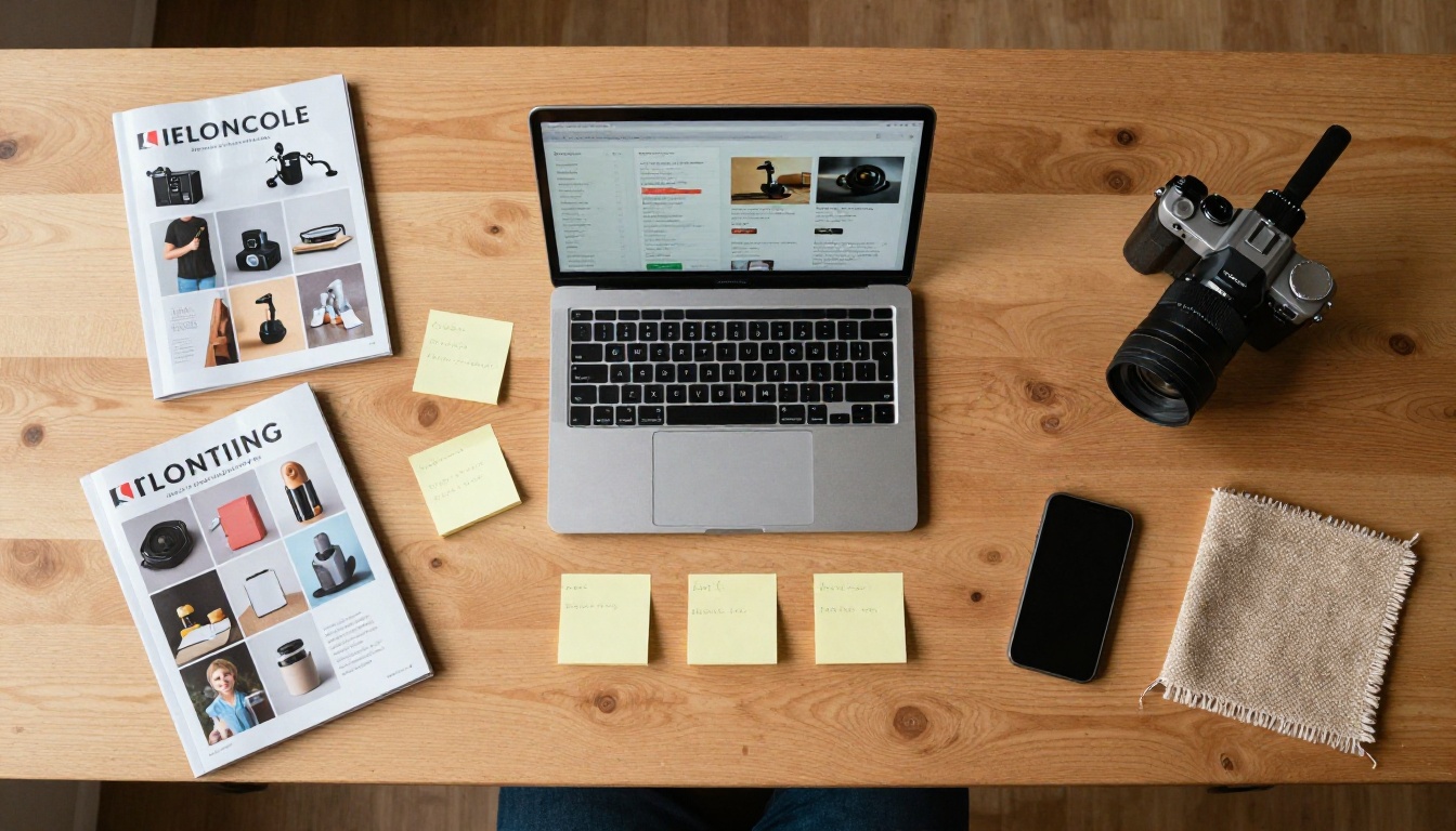 Aerial view of a small business owner's organized workspace with an open product catalog beside a laptop showing an ecommerce dashboard surrounded by product samples