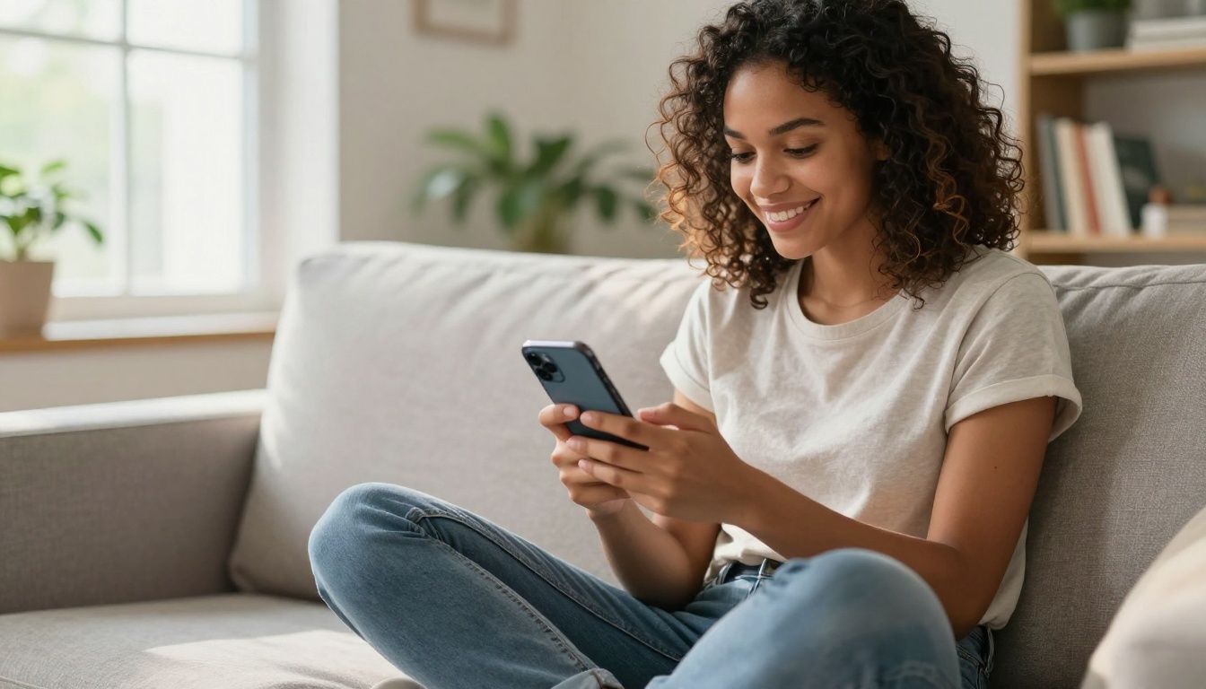 Happy young woman with curly hair sitting cross-legged on a light gray couch, browsing a digital catalog on her smartphone with a bright window to her left